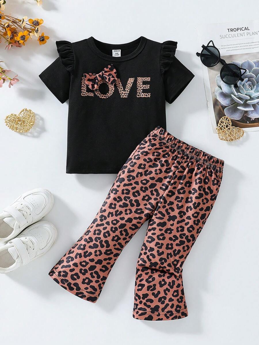 SHEIN 2pcs Baby Girl Letter Print Short Sleeve Top And Leopard Flare Pants Set - Brown - View 1