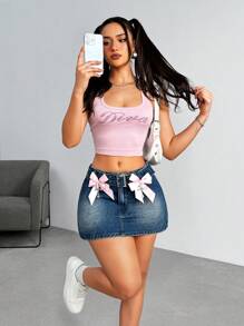 SHEIN EZwear 女士时尚 Y2K 蝴蝶结装饰紧身迷你牛仔半身裙 - 藍色 - 查看 1