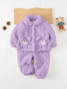 Cozy Pixies 2 件套女宝宝卡通熊印花口袋领长袖开衫和裤子冬季衣服套装 - 淡紫色 - 查看 4