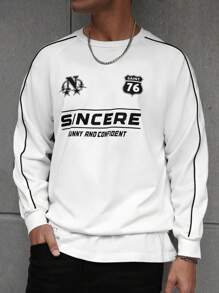 Manfinity Campus Court 男士休闲徽标印花插肩长袖圆领套头衫，秋季 - 白色 - 查看 5