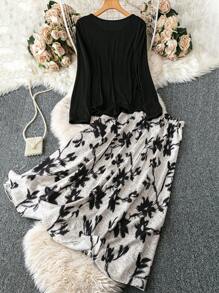 2 pièces/Set T-shirt côtelé ajusté élégant de printemps et jupe imprimée mi-longue pour femmes grande taille - Noir - Voir 2