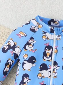 Baby Boy Cute Cartoon Penguin Print Front Zipper Swimsuit, Baby Boy Long Sleeve Beach Outfit, Suitable For Summer Beach, Holiday - Multicolor - View 4