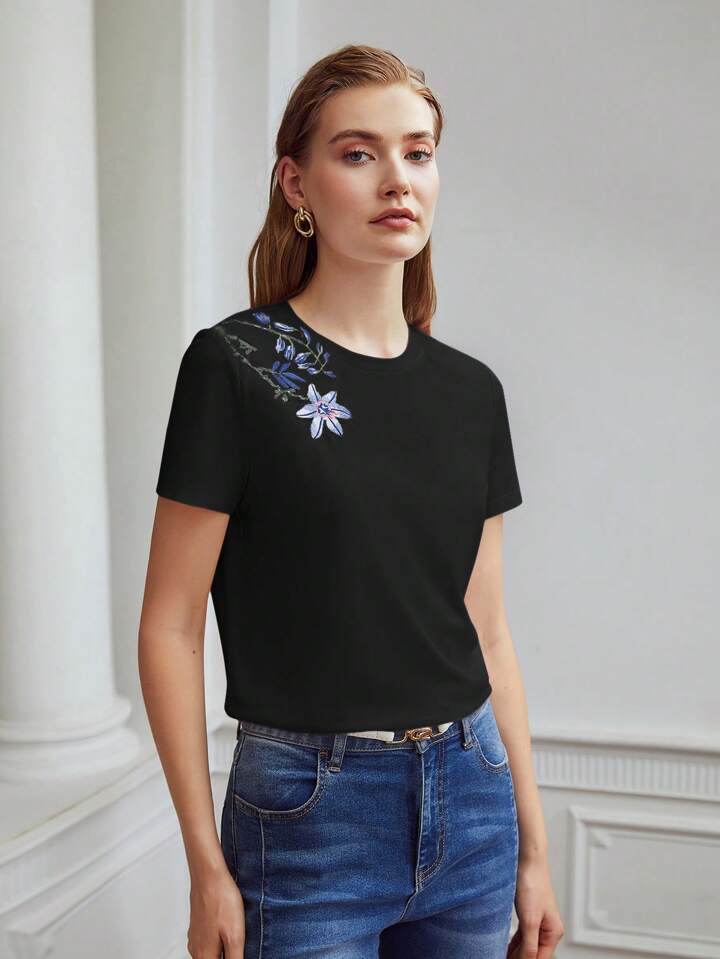 [CPGN STUDIO]★FLOWER STITCH EMBROIDERY SHORT SLEEVE TEE Amazon.com: Embroidery Design T Shirt for Embroiders