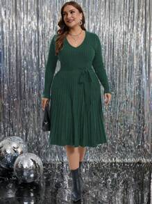 SHEIN Clasi Plus Size Fall Solid Color V-Neck Long Sleeve Ribbed With Belt Sweater Dress, For Winter - Blue - View 6