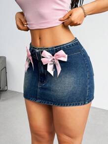 SHEIN EZwear 女士时尚 Y2K 蝴蝶结装饰紧身迷你牛仔半身裙 - 藍色 - 查看 3