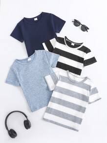 4pcs Young Boys Toddler Plain & Striped Crew Neck Short Sleeve T-Shirts, Casual & All-Match, Perfect For Pairing With Jeans, Shorts, Trousers, Soft & Comfortable, New Summer Collection - Multicolor - View 8