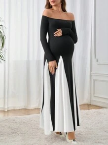 SHEIN 孕妇针织拼布 A 字形梭织连衣裙 - 黑色 - 查看 5