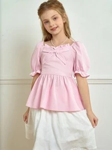 SHEIN Tween Girl Elegant Cute Bow Ruffle Puff Sleeve Blouse, Casual Vacation For Spring & Summer - Pink - View 7