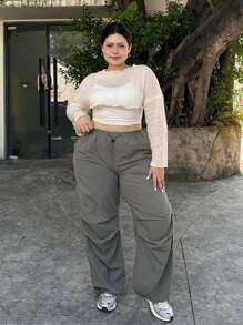 SHEIN EZwear 大尺碼圓領垂肩長袖短款T卹 - 米色 - 查看 4