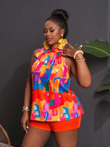 Slaydiva Spring & Summer Casual Resort Sleeveless Colourful Printed Tied Neck Blouse & Solid Orange Knit Slim Shorts, Plus Size 2 Pieces Set,Holiday Outfits