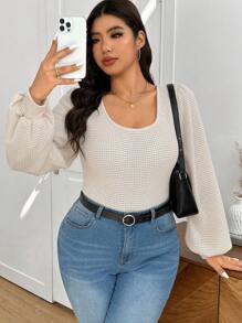 SHEIN Frenchy Camiseta versátil de manga larga y cuello redondo, de uso casual y para todo tipo de combinaciones, para mujer de talla grande primaveral