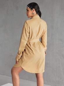 SHEIN EZwear Women's Autumn Long Sleeve Single Breasted Utility Pocket Casual Denim Shirt Dress - Khaki - View 3