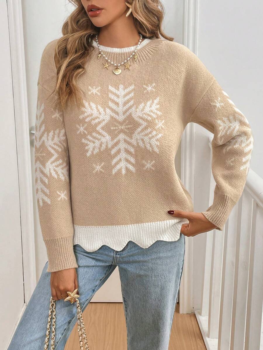 SHEIN Frenchy 女士圣诞撞色雪花图案长袖保暖拉绒针织毛衣，秋冬季，波浪形滚边撞色下摆，感恩节、圣诞节毛衣，家庭装，休闲服饰 - 杏色 - 查看 1
