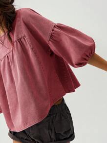 Bohemela 女士宽松度假泡泡袖衬衫，绿色 - 紅色 - 查看 7