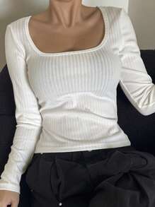 DAZY Women's Casual Solid Color Slim Fit Long Sleeve T-Shirt,Fall Clothes - White - View 2