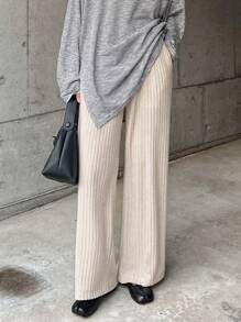 FRIFUL Women's Solid Color Pocket Simple Rib Knit Pants, Casual Daily Wear - Apricot - View 6