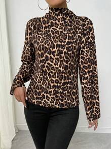 SHEIN Clasi Fashionable Autumn Stand Collar Leopard Print Elegant Blouse Fall Cloth For Women - Multicolor - View 3