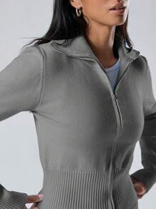 LYSMO 女士两件套：纯色长袖拉链开衫和长裤，休闲针织衫秋冬 - 灰色 - 查看 6