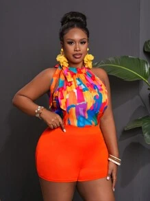 Slaydiva Spring & Summer Casual Resort Sleeveless Colourful Printed Tied Neck Blouse & Solid Orange Knit Slim Shorts, Plus Size 2 Pieces Set,Holiday Outfits