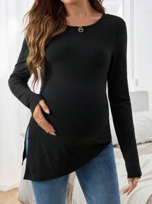 SHEIN 舒适圆领开衩孕妇T恤，时尚