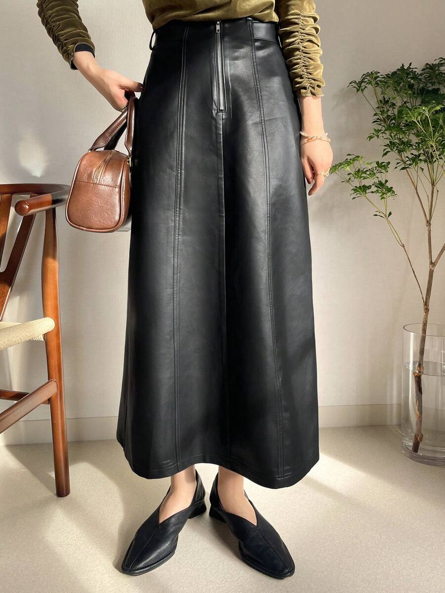 FRIFUL Women's Fashionable PU Metallic Zipper Skirt For Autumn Leather Skirt - Black - View 1