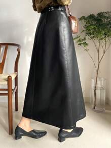 FRIFUL Women's Fashionable PU Metallic Zipper Skirt For Autumn Leather Skirt - Black - View 5