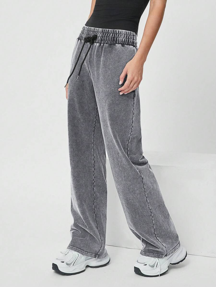 Muchica Women's Gray Marled Drawstring Waist Straight Leg Casual Knit Sweatpants - Grey - View 1