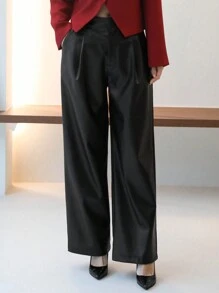 DAZY 女士纯色PU褶皱阔腿宽松休闲裤，秋季服装皮裤 - 黑色 - 查看 4