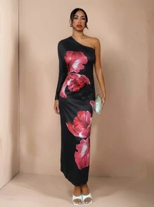 Glamine Robe longue à manches longues, asymétrique et sans dos, imprimé floral. Tenue maxi pour femmes en automne/hiver