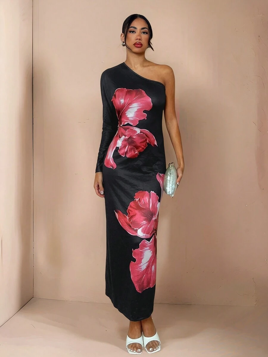 Glamine Robe longue à manches longues, asymétrique et sans dos, imprimé floral. Tenue maxi pour femmes en automne/hiver