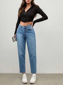 EURMUSE HIGH WAIST MOM JEAN PANT SIMPLE FASHIONABLE DAILY CASUAL - Medium Wash - View 3