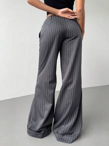 SHEIN BASICS Pantalon femme à jambe évasée, taille basse, rayures tissées, style casual