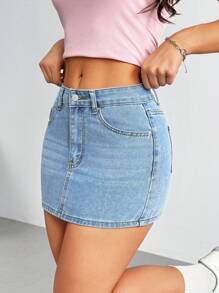 SHEIN MOD Coolmax High Waist Denim Skirt - Light Wash - View 4