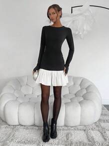SHEIN Essnce Women Solid Color Block Round Neck Long Sleeve Simple Casual Mini Dress - Black and White - View 7