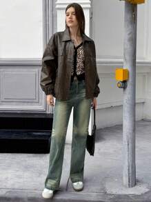 Jouncy Women's Leopard Print Long Sleeve Single Breasted Fashionable T-Shirt, Autumn Graphic Cheetah Print Tees Women Tops For Spring Fall Cloth For Women - Brown - View 4