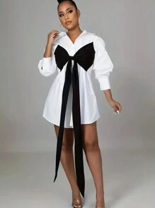 Robe mini CAPRI CHIC pour Noël/élégante/fête/festival avec blocs de couleurs noir et blanc et décoration avec nœud, pour le printemps et l'automne - Noir et Blanc - Voir 4