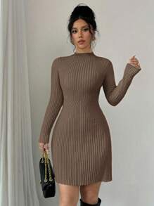 Chiquease Bodycon Ribbed Knitted Dress Sweater Dress - Mocha Brown - View 7