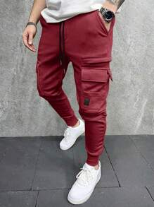 Manfinity LEGND Men's Casual Solid Color Drawstring Waist Cargo Sweatpants - Burgundy - View 1