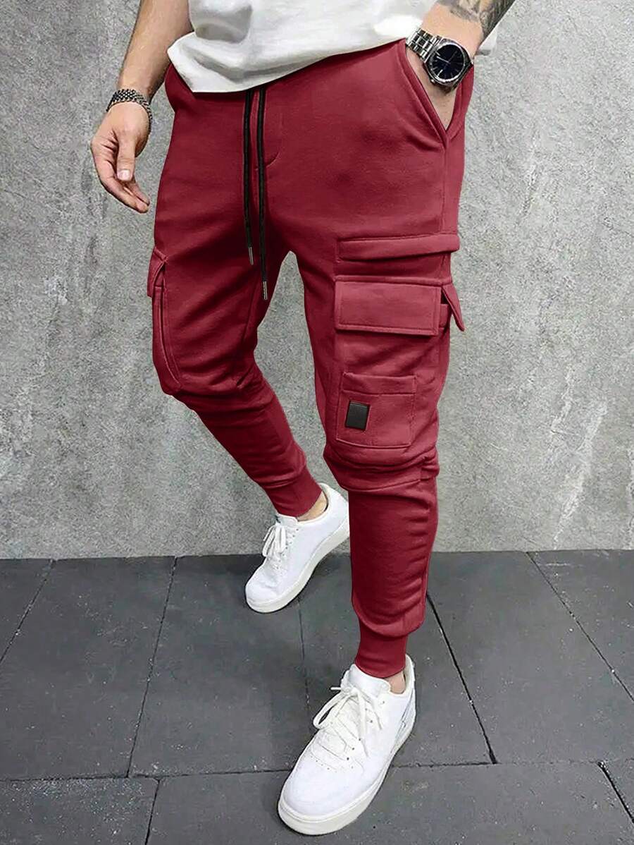 Manfinity LEGND Men's Casual Solid Color Drawstring Waist Cargo Sweatpants - Burgundy - View 1