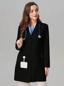 TaskEZ Women's Band Collar Long Sleeve Single Breasted Casual Lab Coat,Women's Multi-Pocket Work Uniform Coat Tops, Women's Health Examination Surgical Uniforms, Pet Grooming, Dental Masseur Clothing, Studio Fashion, Women's Work Uniforms, Nutritionist Work Clothes, Laboratory Work Clothes, Women's Tops, Multi-Pocket Functional Work Clothes, Tops With Buttons On The Collar For Easy Wearing And Taking Off, Functional Women's Clothing For Christmas, New Year And Valentine's Day, Winter And Spring Women's Clothing - Black - View 1