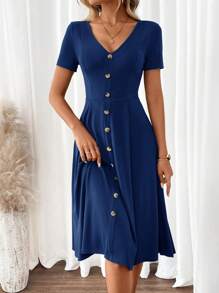 SHEIN Clasi 女士优雅 V 领短袖绿色 A 字连衣裙 - 藏蓝色 - 查看 5