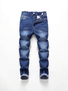 SHEIN Tween Boys' Blue Elastic Comfortable Washed Rolled Edge Jeans - Medium Wash - View 1