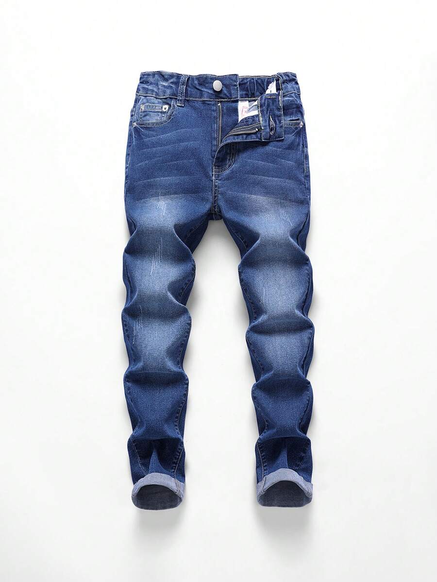 SHEIN Tween Boys' Blue Elastic Comfortable Washed Rolled Edge Jeans - Medium Wash - View 1