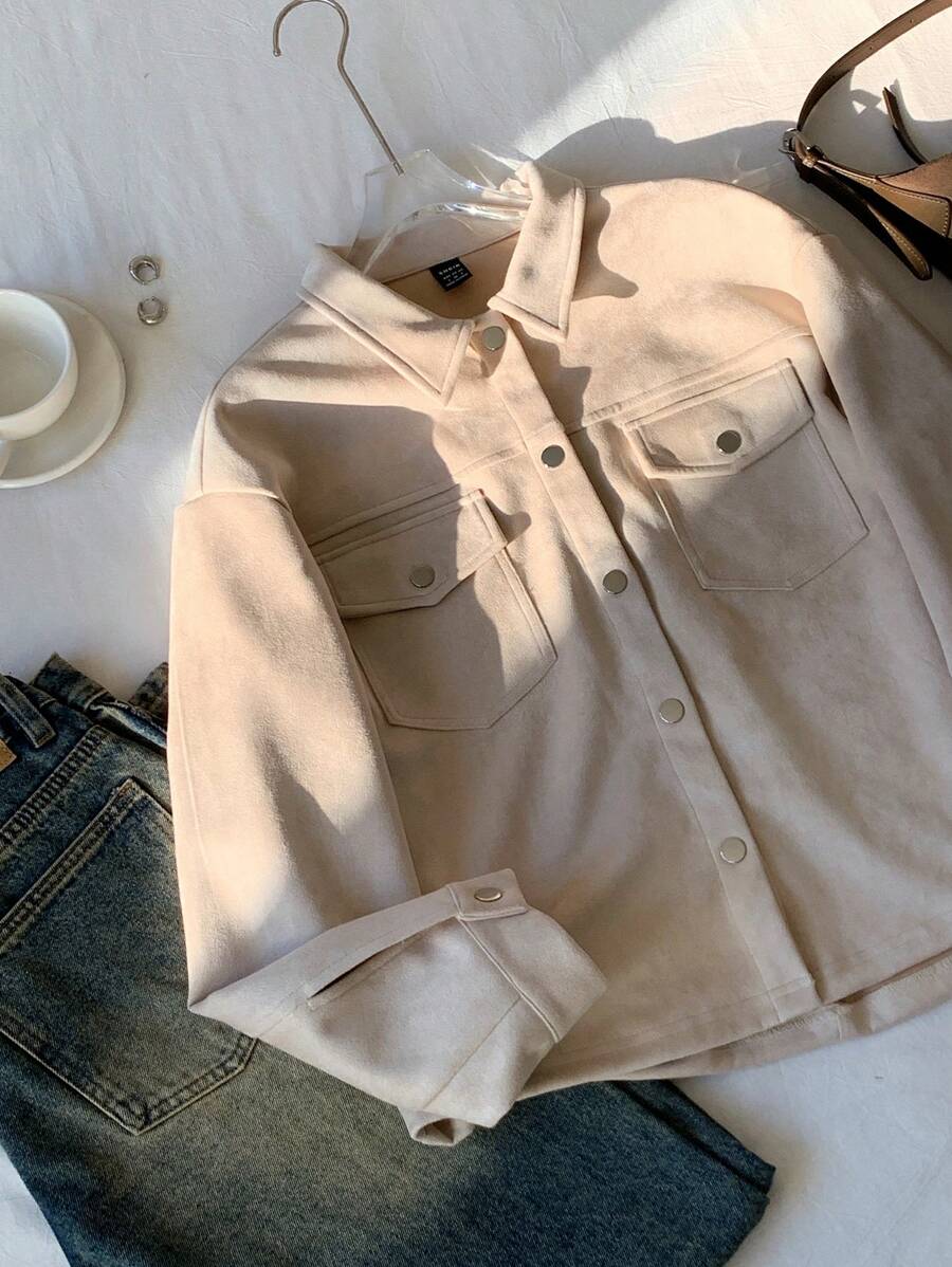 Comfortcana 女式休闲杏色编织纽扣前襟夹克，适合户外穿着，秋季 - 杏色 - 查看 1