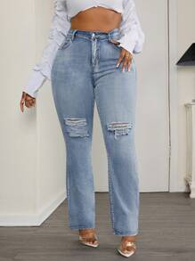 SHEIN SXY 大码女式弹力破洞喇叭牛仔裤