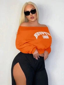 SHEIN SXY 冬季春季露肩字母印花女式短款运动衫