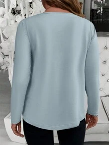 INAWLY Áo thun dài tay đơn giản hàng ngày màu trơn cho nữ Plus Size - Xám - Xem 2