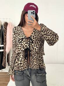 SHEIN EZwear Women's Casual Leopard Print Drawstring Shirt, Autumn - Brown - View 3