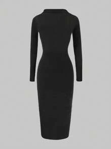 SHEIN Unity Váy ôm cổ chữ V màu trơn đơn giản cho nữ, mùa thu - màu đen - Xem 2