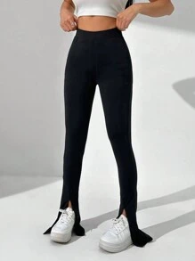 Flirla 女性純色開叉裝飾顯瘦褲 - 黑色 - 查看 4